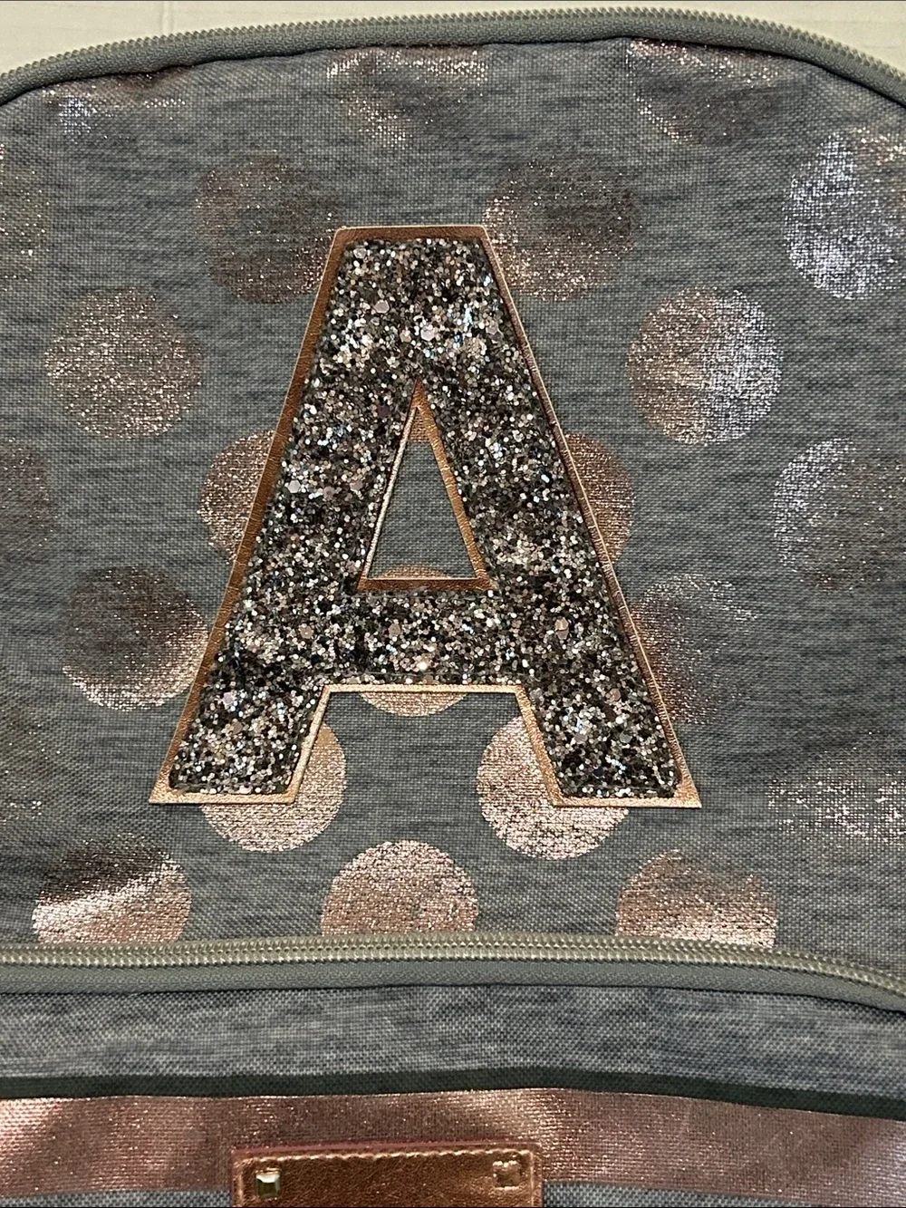 Justice ‘A’ Glitter Gray Backpack & Lunchbox Set with Rose Gold Polka Dots